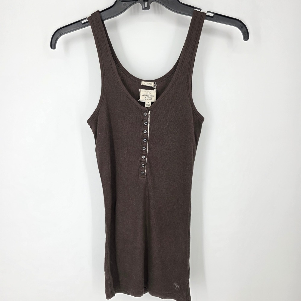 Abercrombie & Fitch Vintage Y2K Brown Ribbed Henley Tank Top Stretch Logo Medium